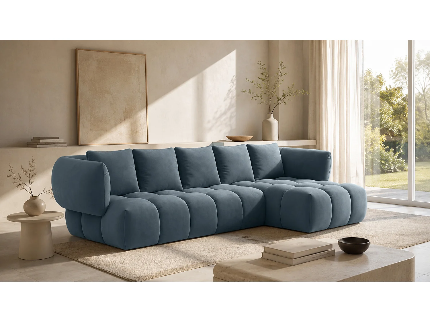 Canapé d’angle en L, tissu velours Bluvel, bleu-gris, droite, SEVIO L