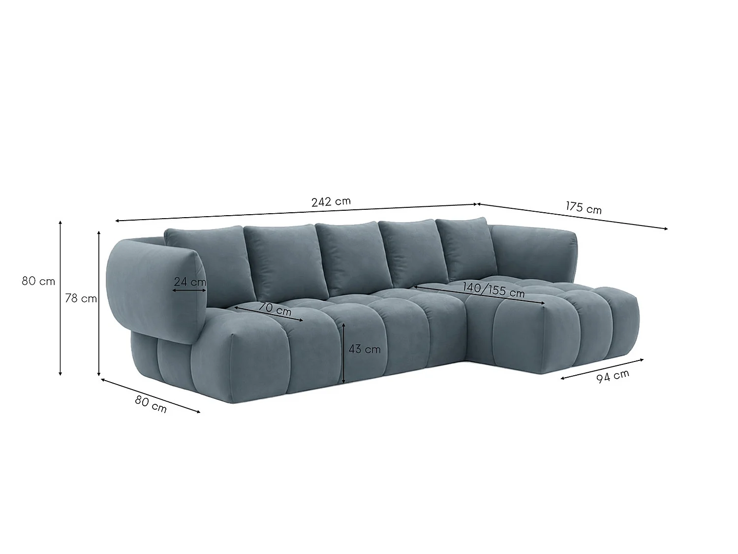 Canapé d’angle en L, tissu velours Bluvel, bleu-gris, droite, SEVIO L