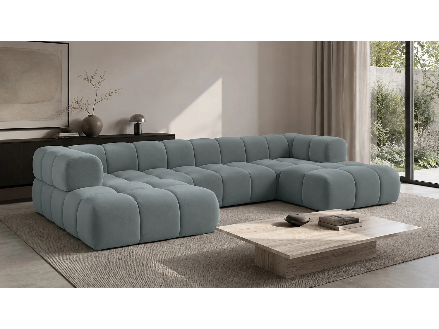 Divano angolare a U, tessuto velluto Bluvel, grigio-blu, Averro U XL