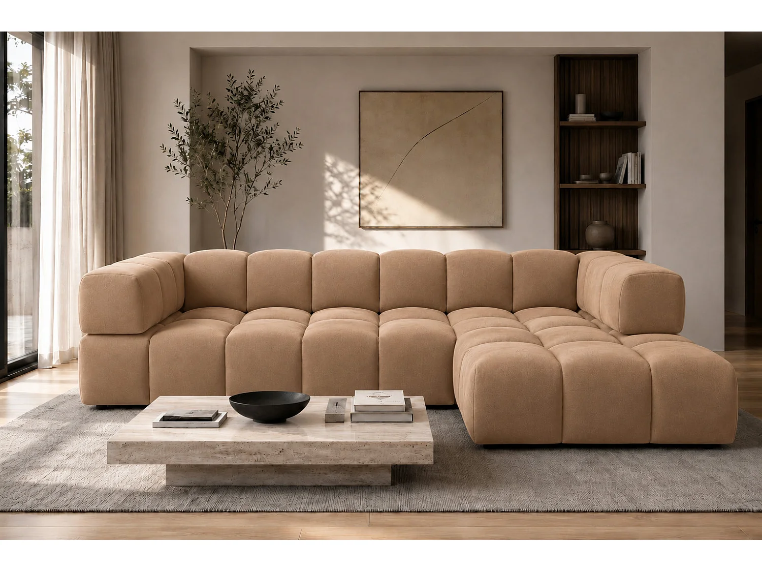 Divano angolare a L, tessuto velluto Bluvel, latte, destra, Averro XL