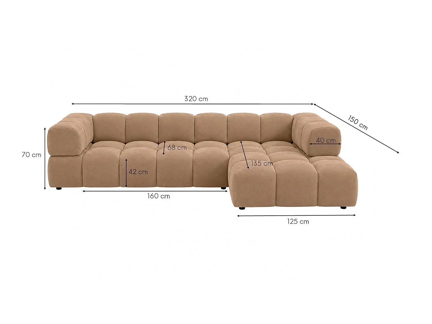 Divano angolare a L, tessuto velluto Bluvel, latte, destra, Averro XL