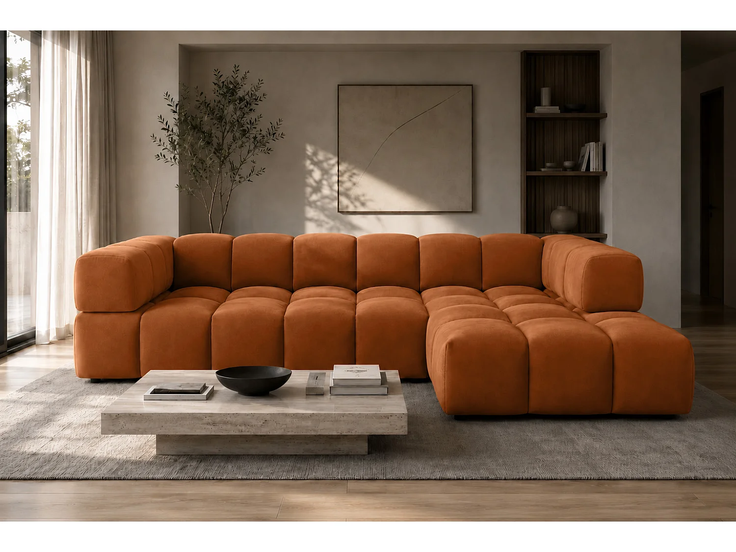 Divano angolare a L, tessuto velluto Bluvel, color cannella, destra, Averro XL