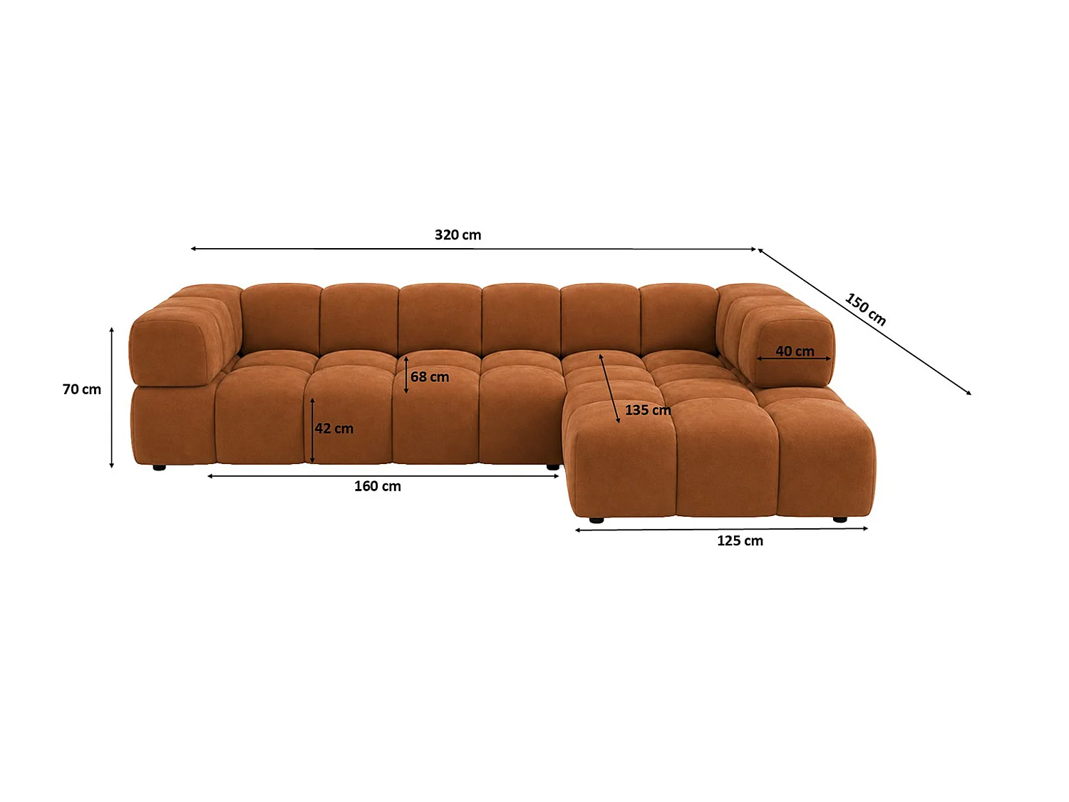 Divano angolare a L, tessuto velluto Bluvel, color cannella, destra, Averro XL