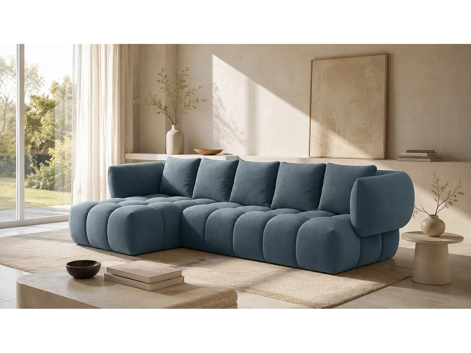 Canapé d’angle en L, tissu velours Bluvel, bleu-gris, gauche, SEVIO L