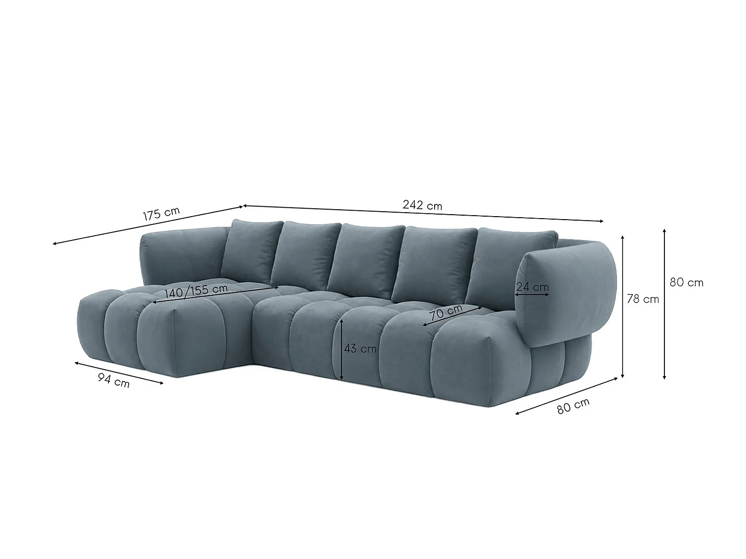 Canapé d’angle en L, tissu velours Bluvel, bleu-gris, gauche, SEVIO L