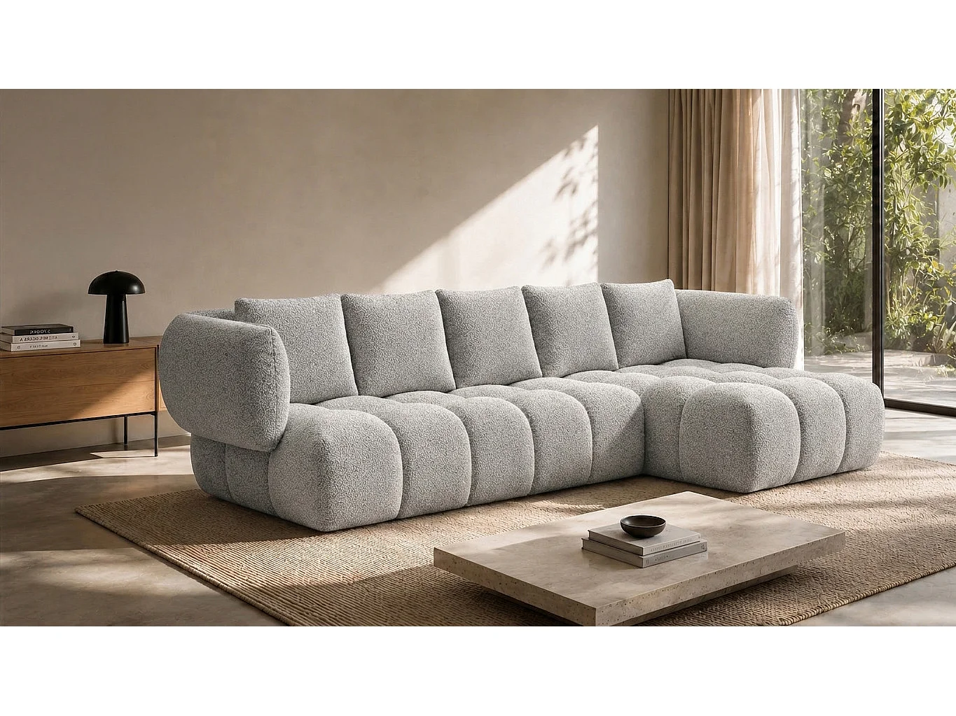 Canapé d’angle en L, tissu chenille Puente, beige, droite, SEVIO L