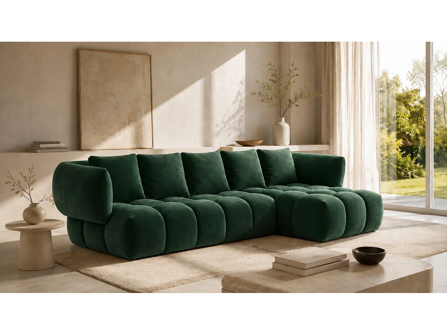 Divano angolare a L, tessuto velluto Bluvel, verde, destra, SEVIO L