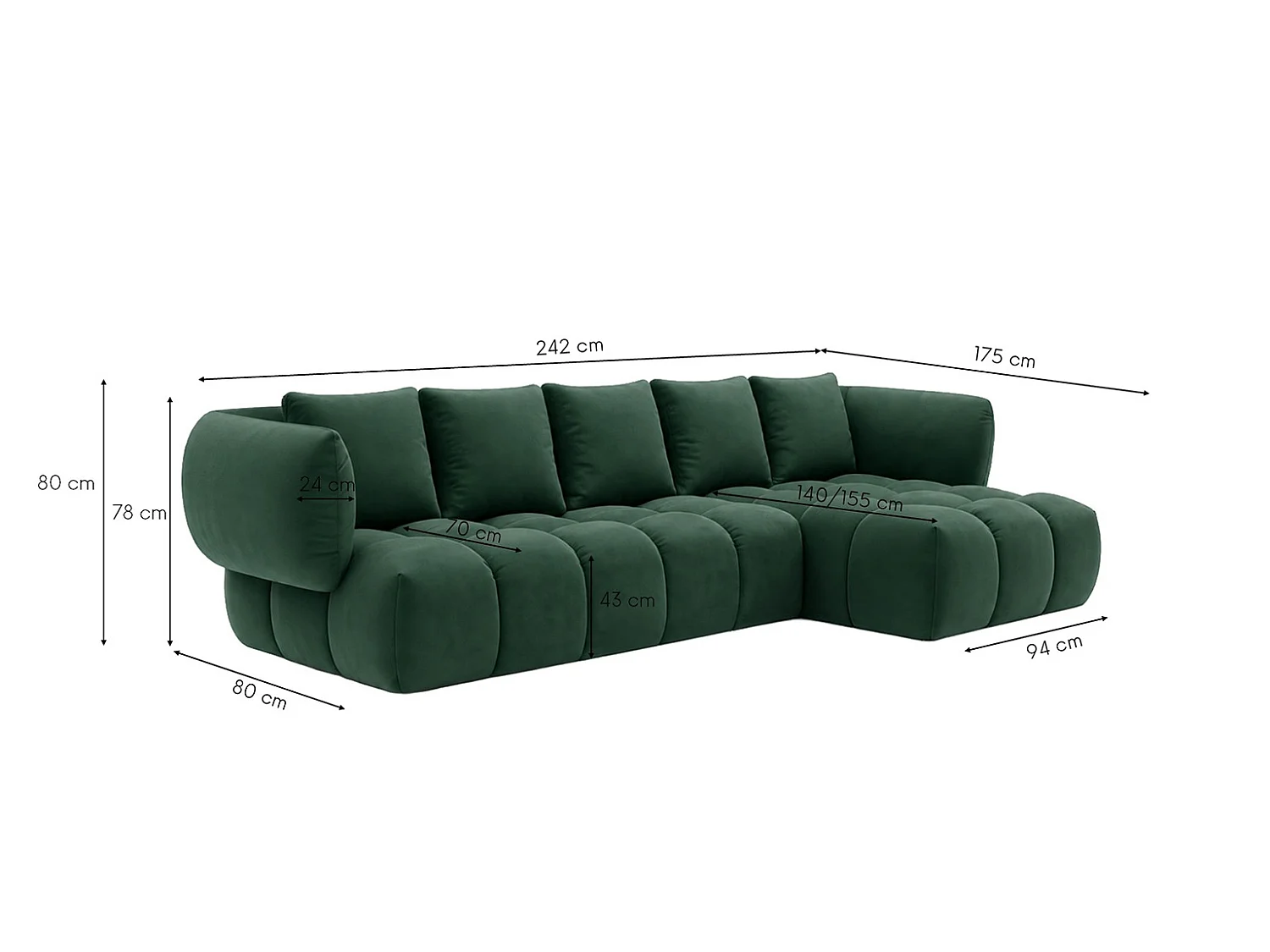 Divano angolare a L, tessuto velluto Bluvel, verde, destra, SEVIO L