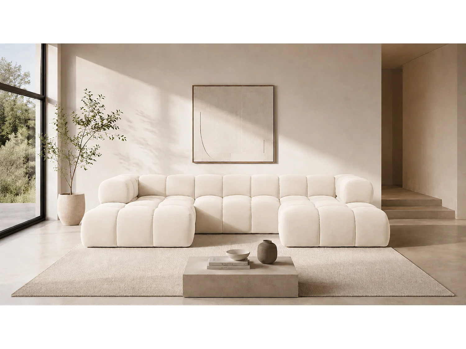 Divano angolare a U, tessuto velluto Bluvel, crema, Averro U