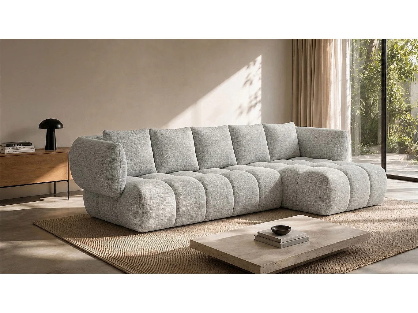 Canapé d’angle en L, tissu chenille Puente, gris clair, droite, SEVIO L
