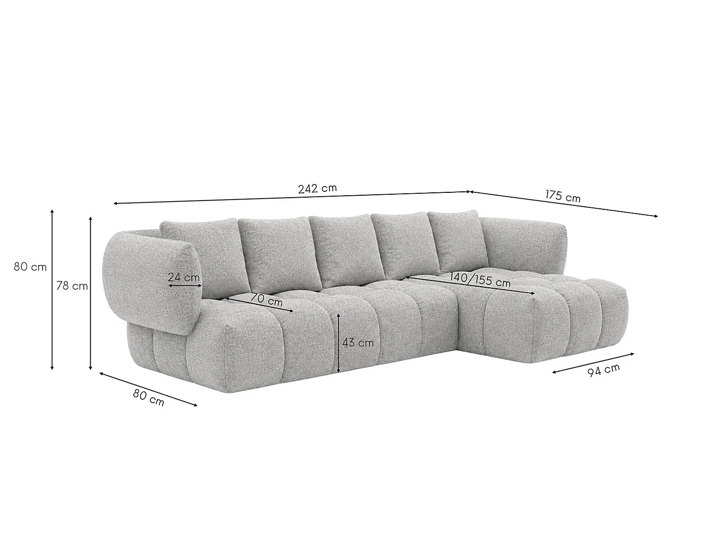 Canapé d’angle en L, tissu chenille Puente, gris clair, droite, SEVIO L
