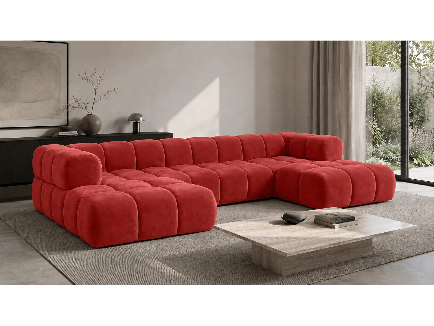 Divano angolare a U, tessuto velluto Bluvel, rosso vino, Averro U XL