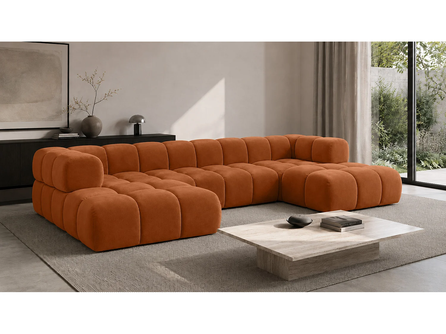 Divano angolare a U, tessuto velluto Bluvel, color cannella, Averro U XL