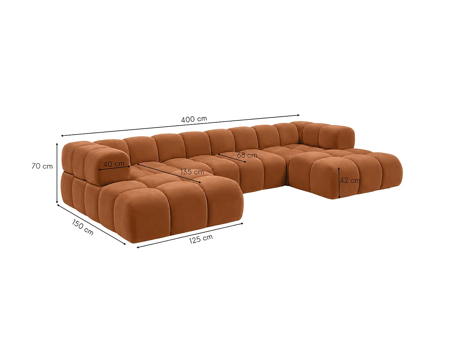 Divano angolare a U, tessuto velluto Bluvel, color cannella, Averro U XL