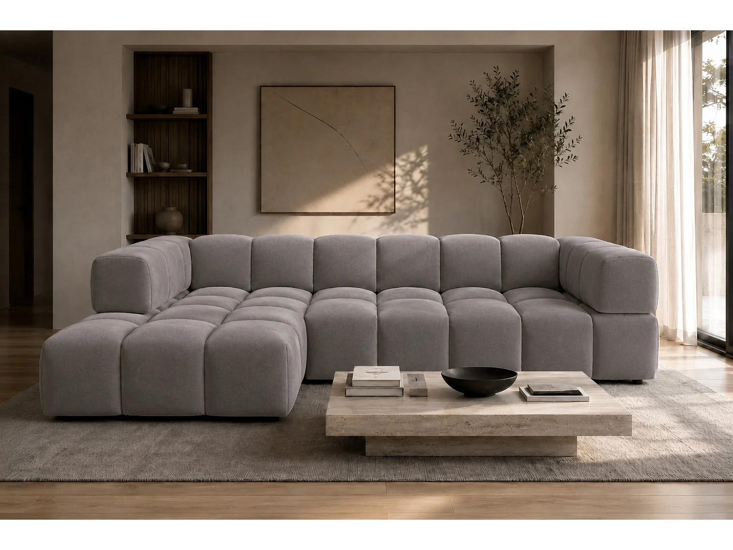 Divano angolare a L, tessuto velluto Bluvel, grigio cenere, sinistra, Averro XL