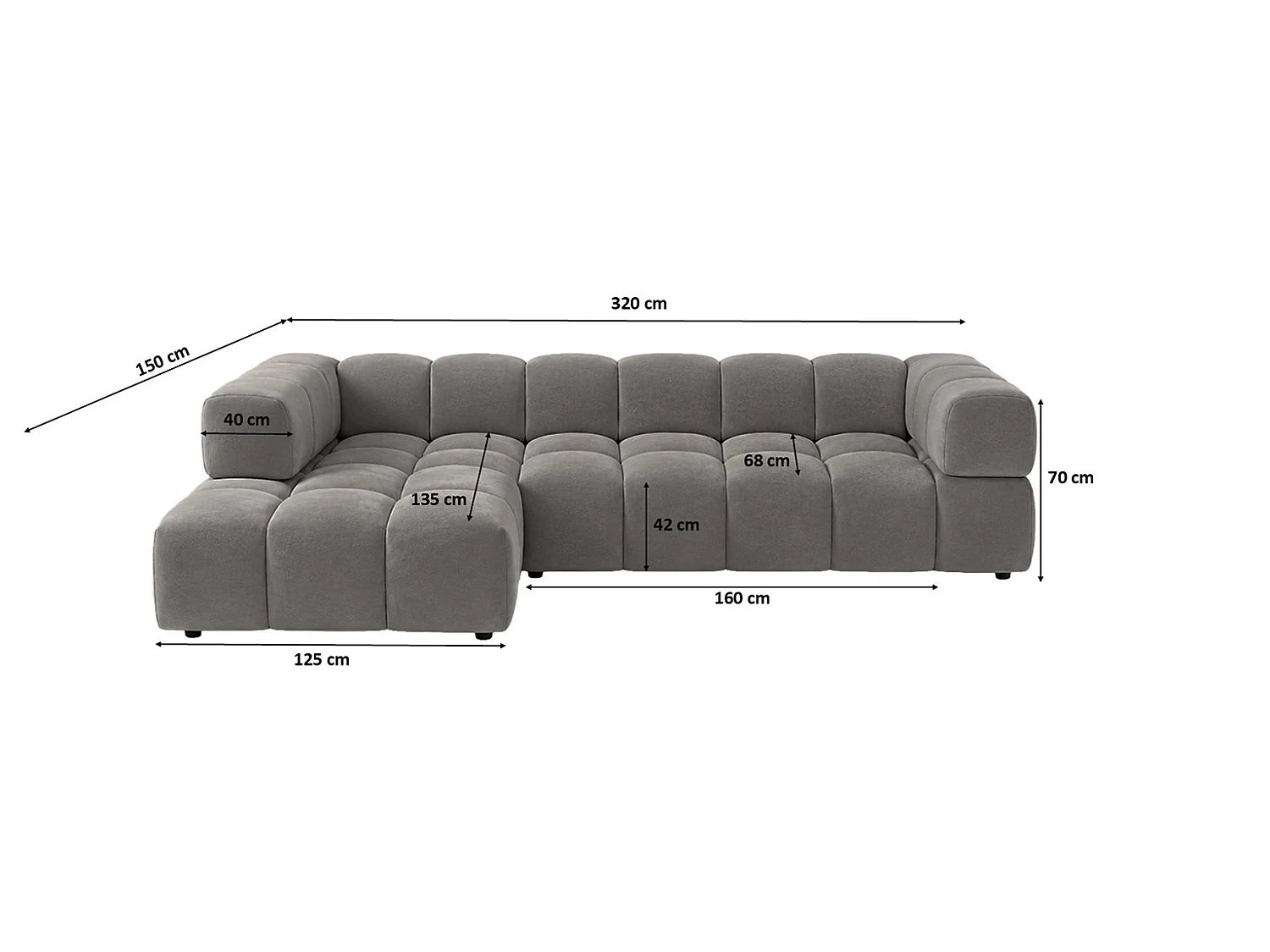 Divano angolare a L, tessuto velluto Bluvel, grigio cenere, sinistra, Averro XL