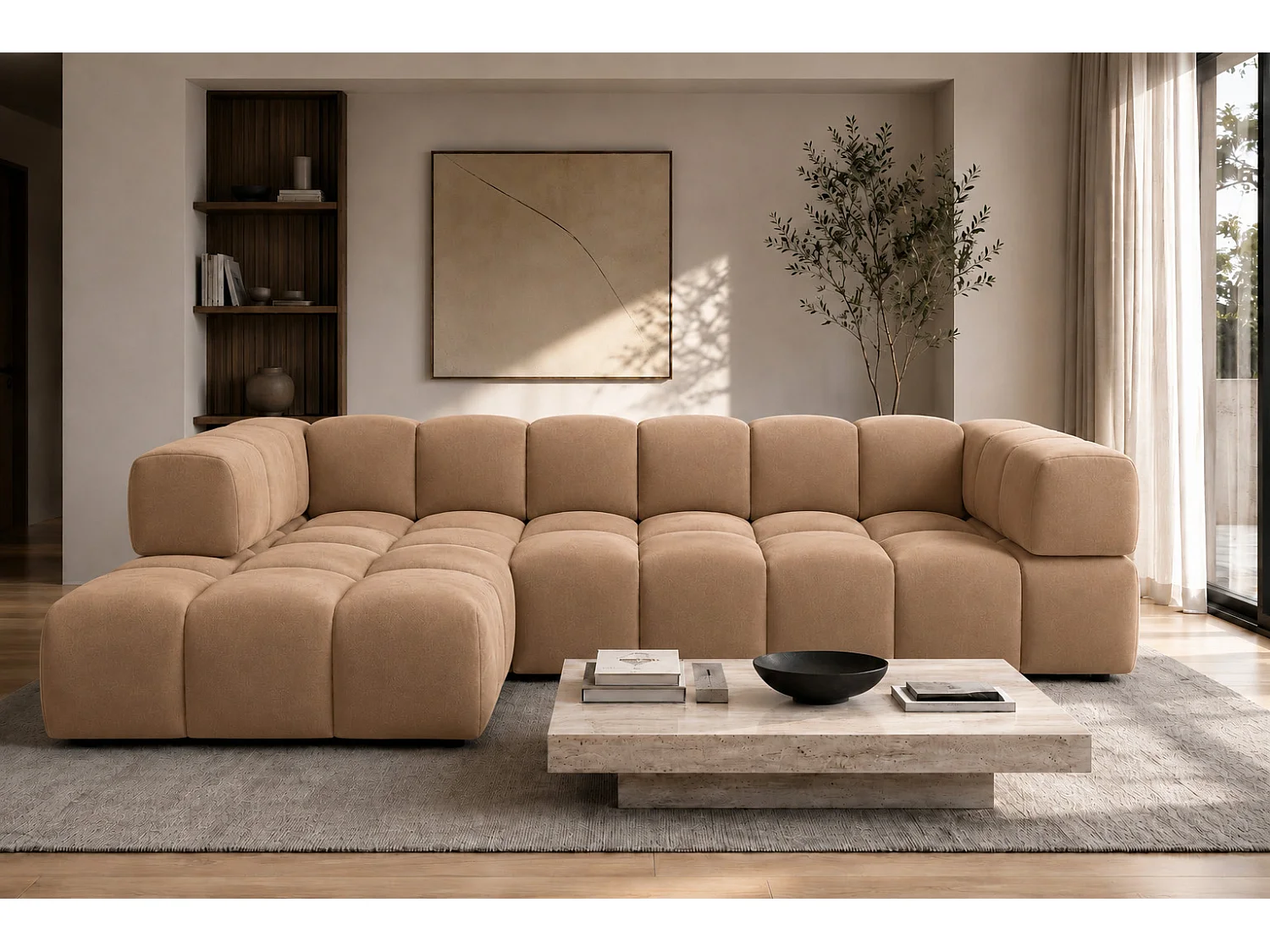 Divano angolare a L, tessuto velluto Bluvel, latte, sinistra, Averro XL