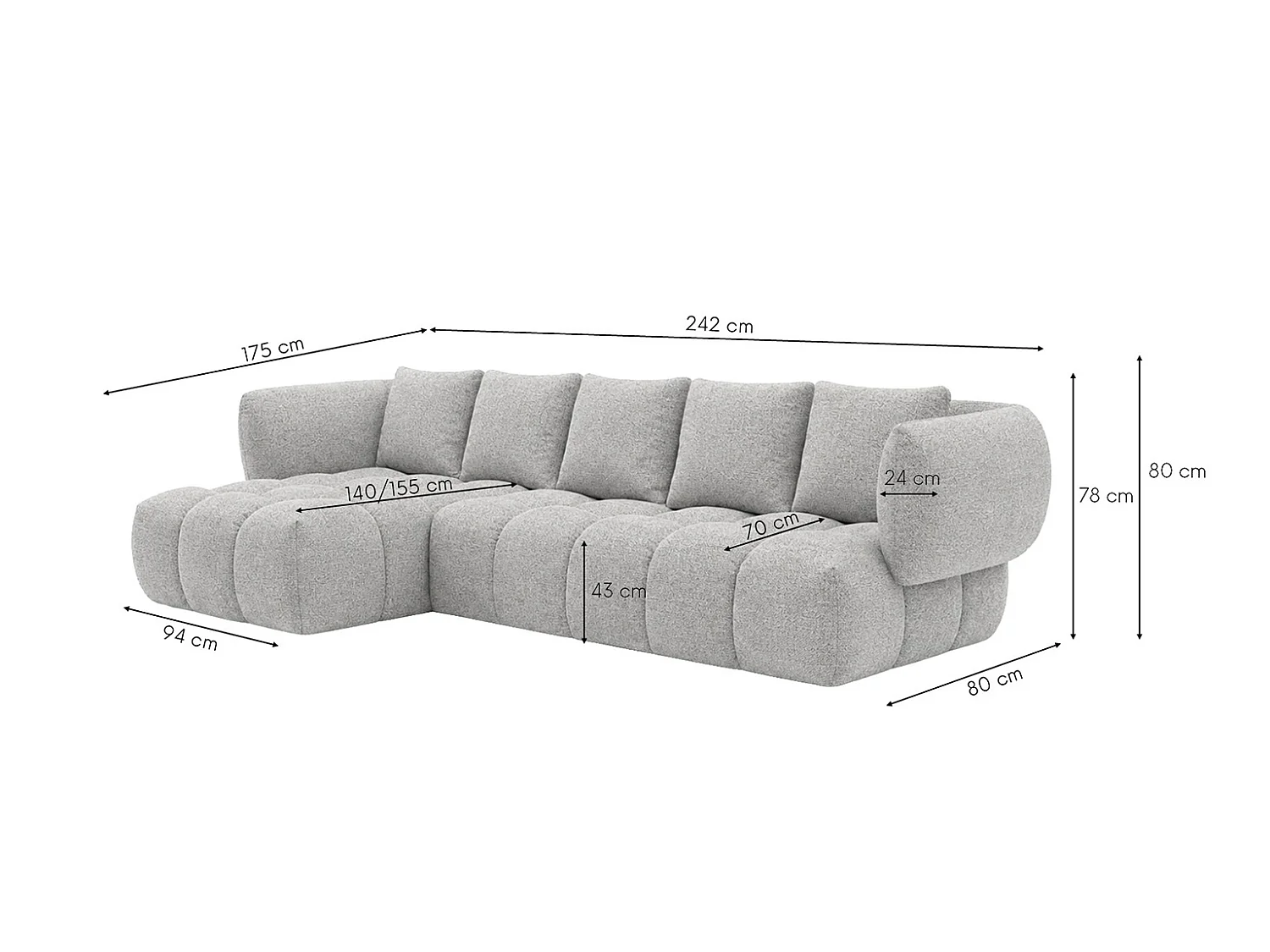 Canapé d’angle en L, tissu chenille Puente, gris clair, gauche, SEVIO L