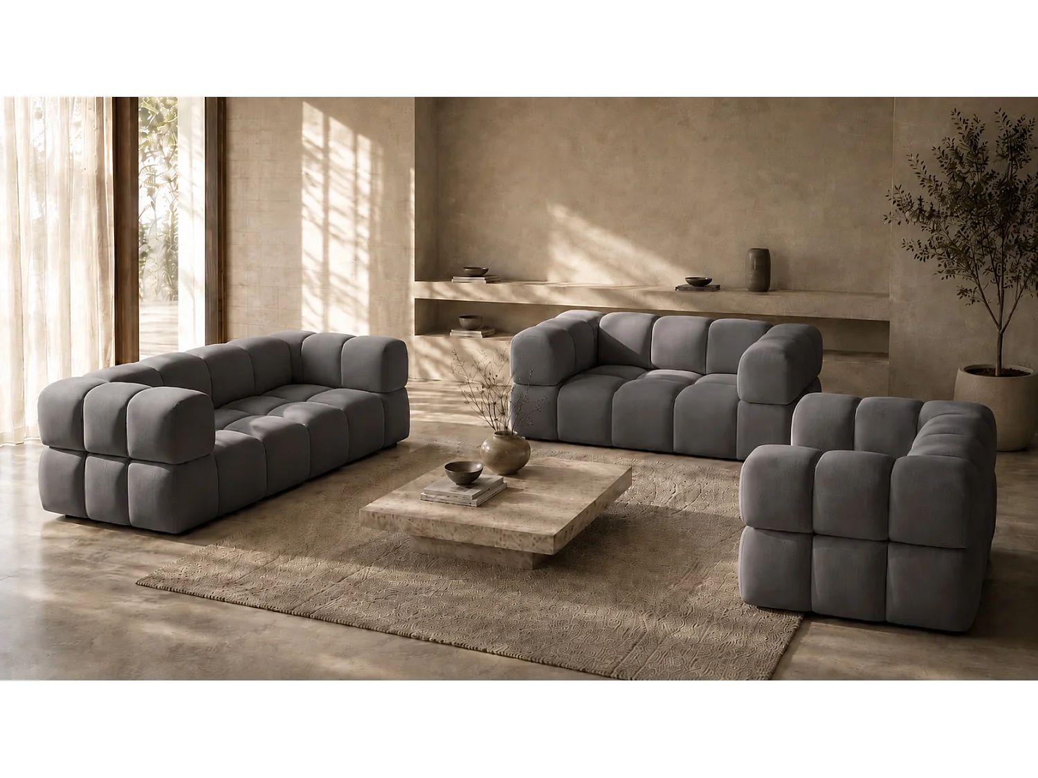 Salon complet, ensemble 3+2+1, tissu velours Bluvel, gris cendré, AVERRO 3+2+1