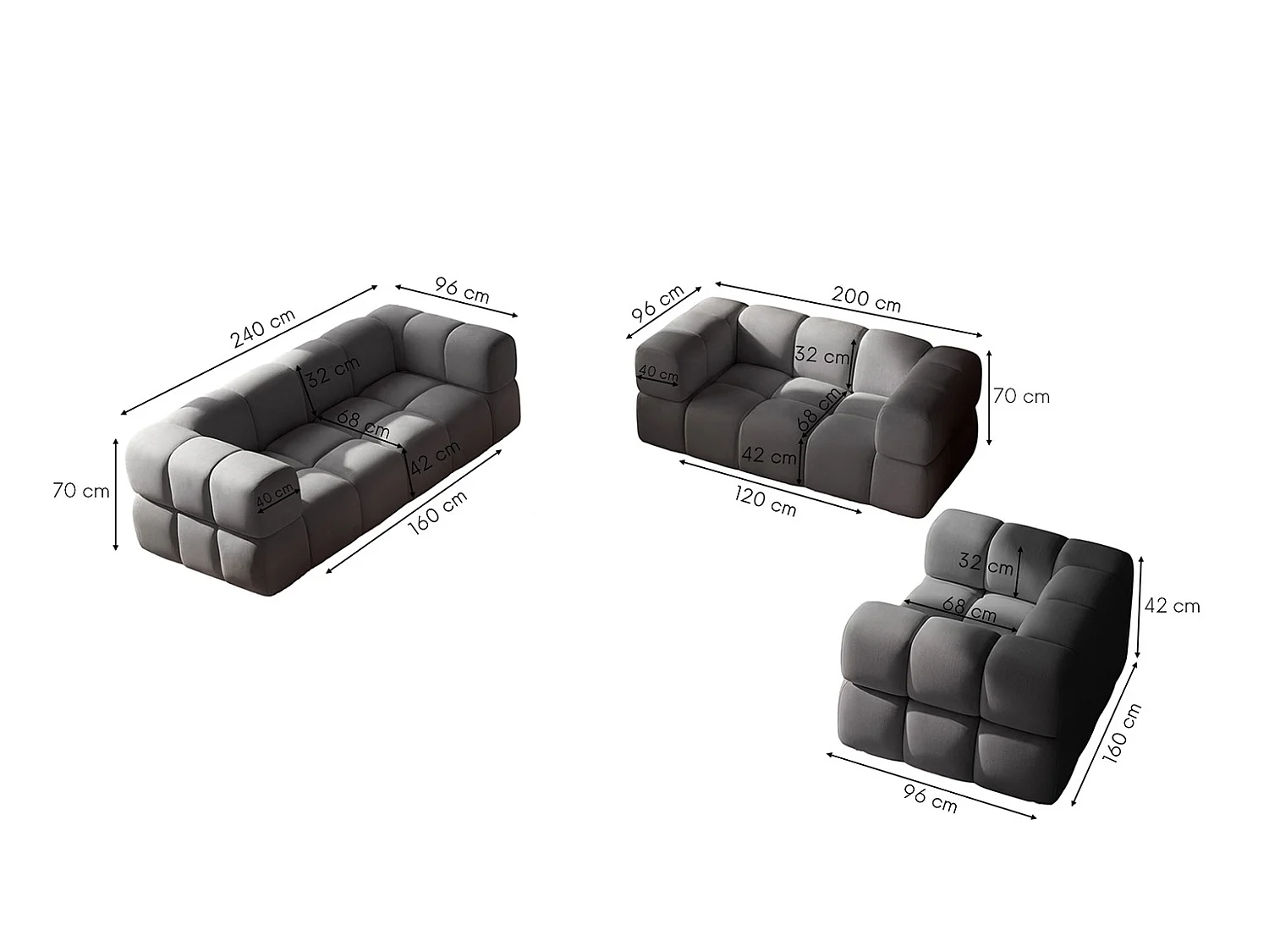 Salon complet, ensemble 3+2+1, tissu velours Bluvel, gris cendré, AVERRO 3+2+1