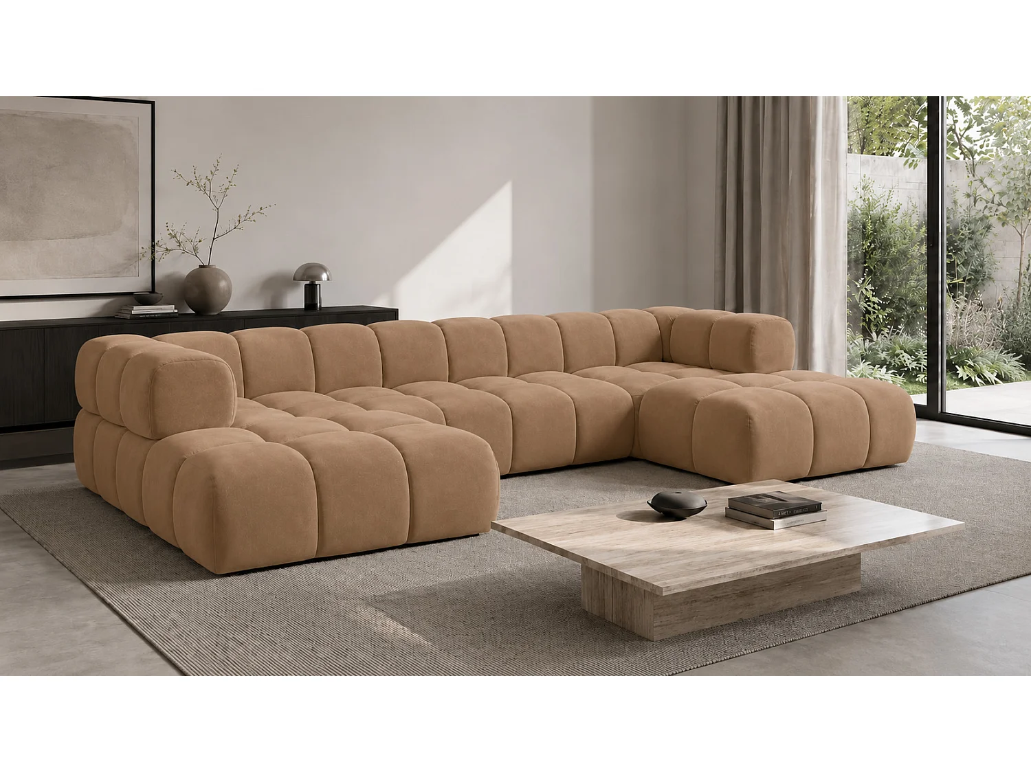 Divano angolare a U, tessuto velluto Bluvel, latte, Averro U XL