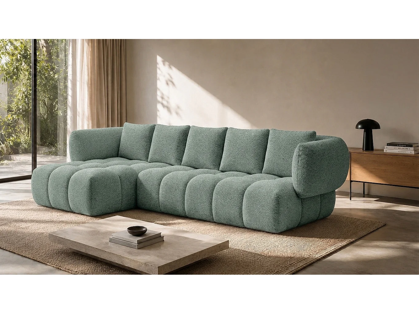 Canapé d’angle en L, tissu chenille Puente, menthe, gauche, SEVIO L