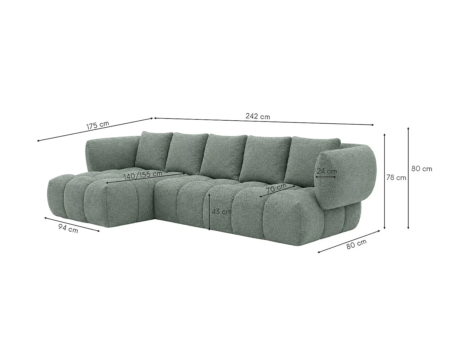 Canapé d’angle en L, tissu chenille Puente, menthe, gauche, SEVIO L