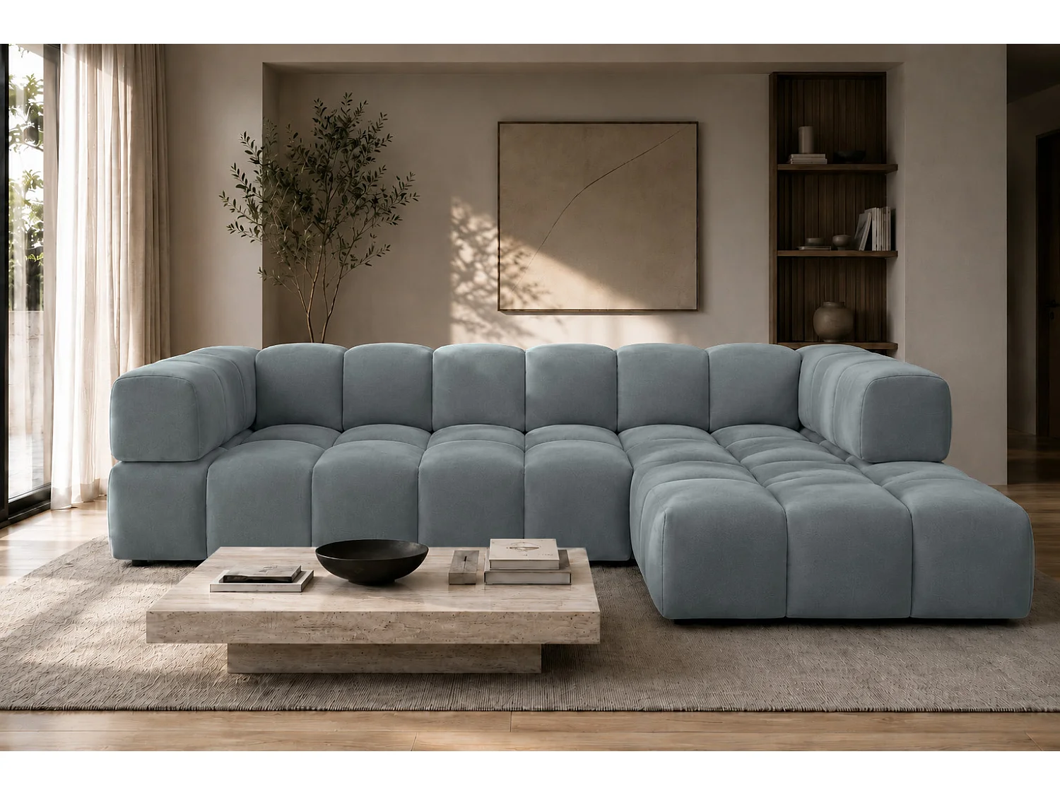 Divano angolare a L, tessuto velluto Bluvel, grigio-blu, destra, Averro XL