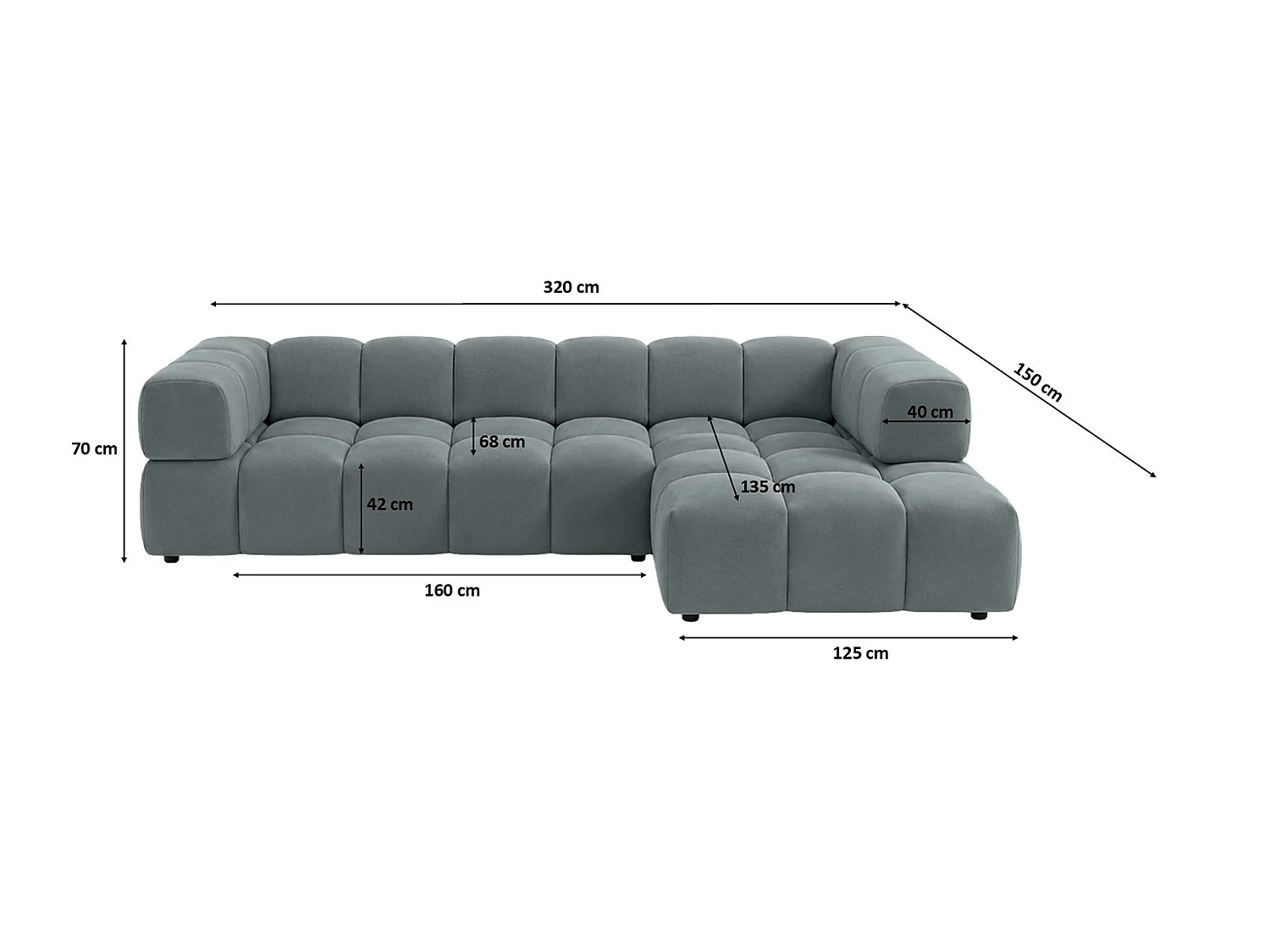 Divano angolare a L, tessuto velluto Bluvel, grigio-blu, destra, Averro XL