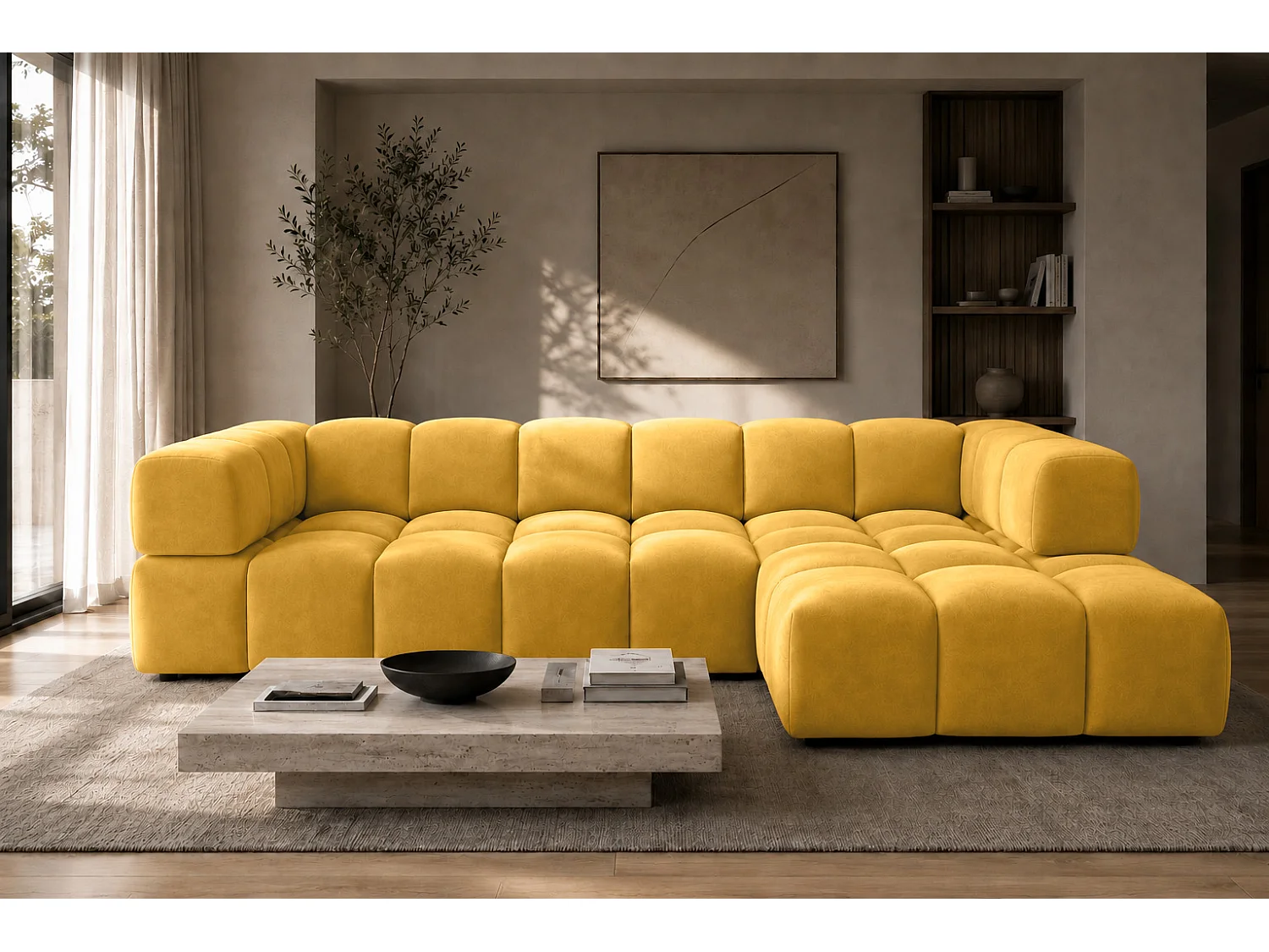 Divano angolare a L, tessuto velluto Bluvel, dorato, destra, Averro XL