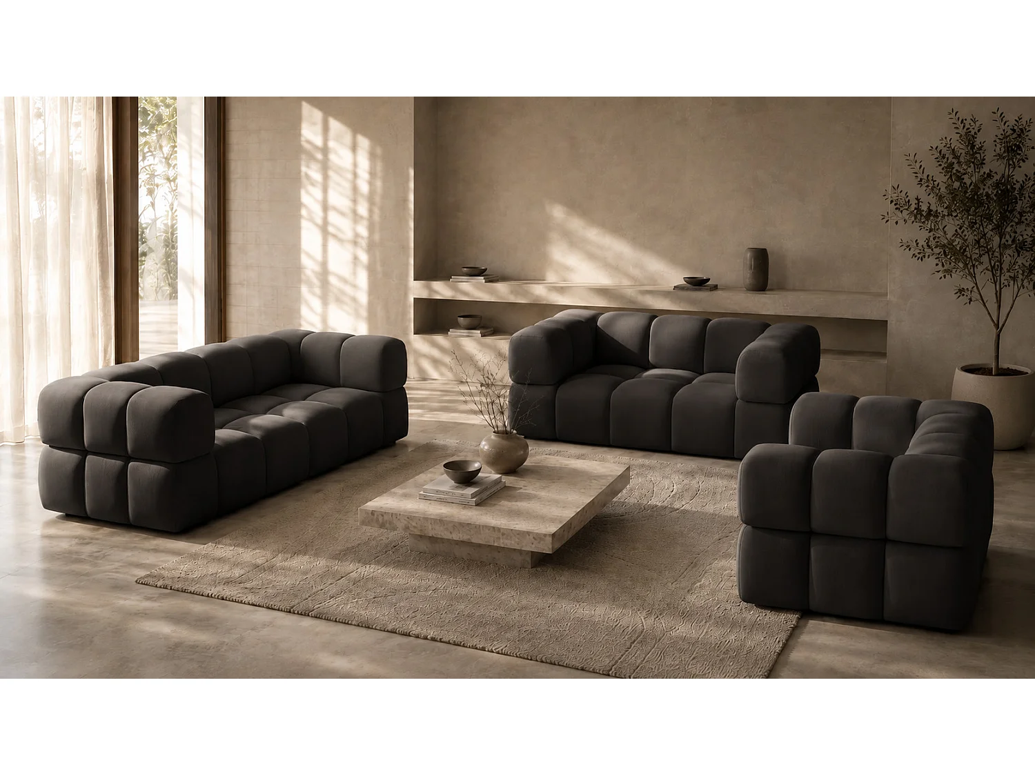 Sofagarnitur, Set 3+2+1, Veloursstoff Bluvel, Schwarz, AVERRO 3+2+1