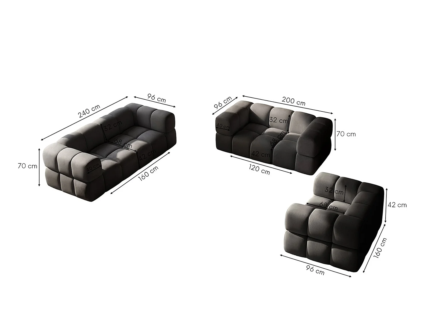 Sofagarnitur, Set 3+2+1, Veloursstoff Bluvel, Schwarz, AVERRO 3+2+1