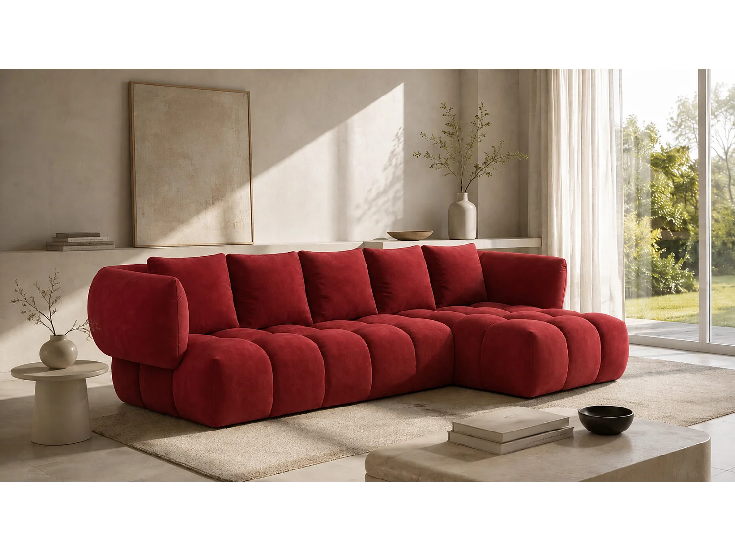 Divano angolare a L, tessuto velluto Bluvel, rosso vino, destra, SEVIO L