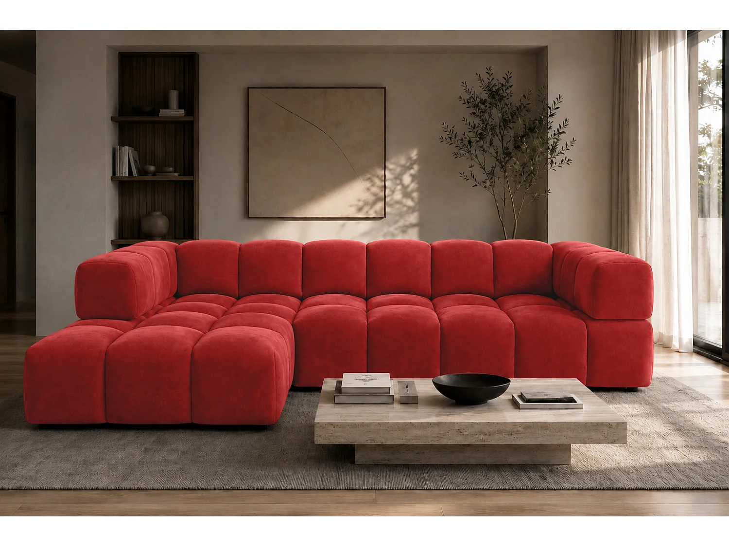 Divano angolare a L, tessuto velluto Bluvel, rosso vino, sinistra, Averro XL