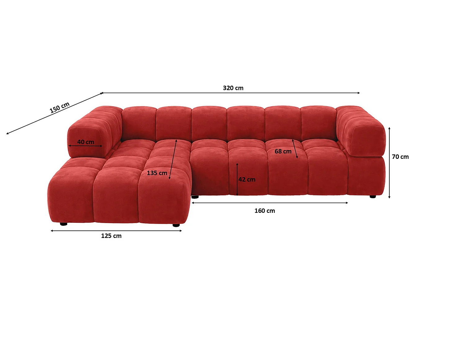 Divano angolare a L, tessuto velluto Bluvel, rosso vino, sinistra, Averro XL