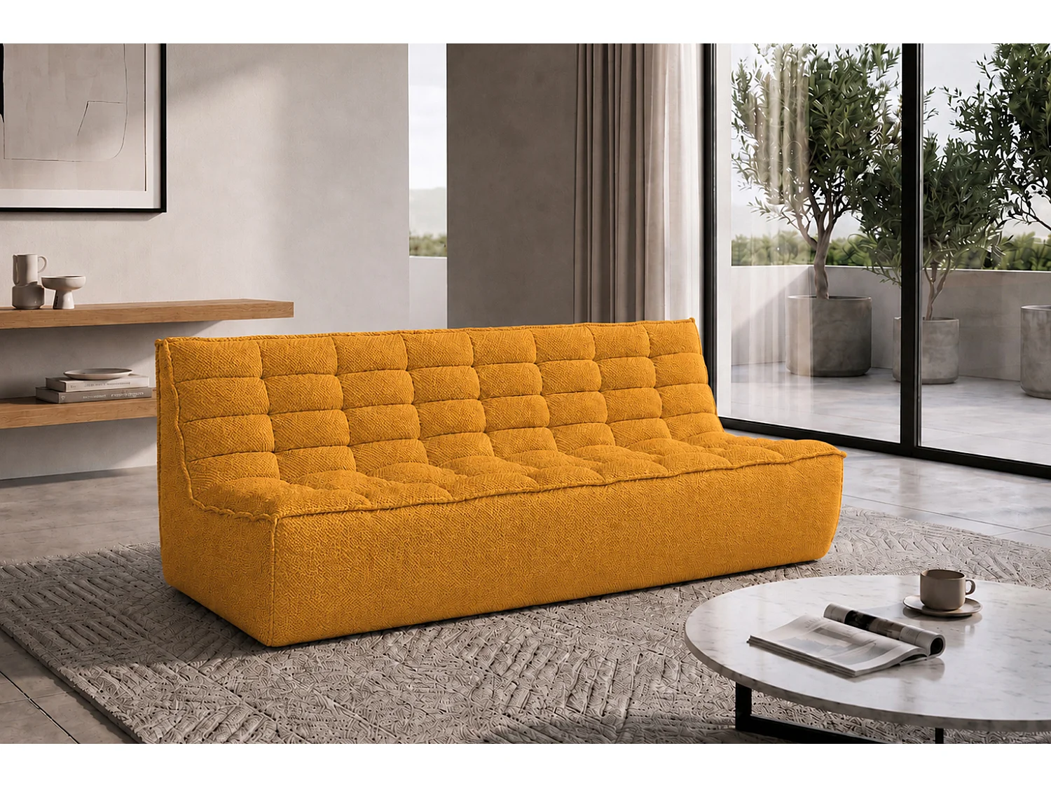 Canapé 3 places modulable, tissu peluche Pop, moutarde, LAZY