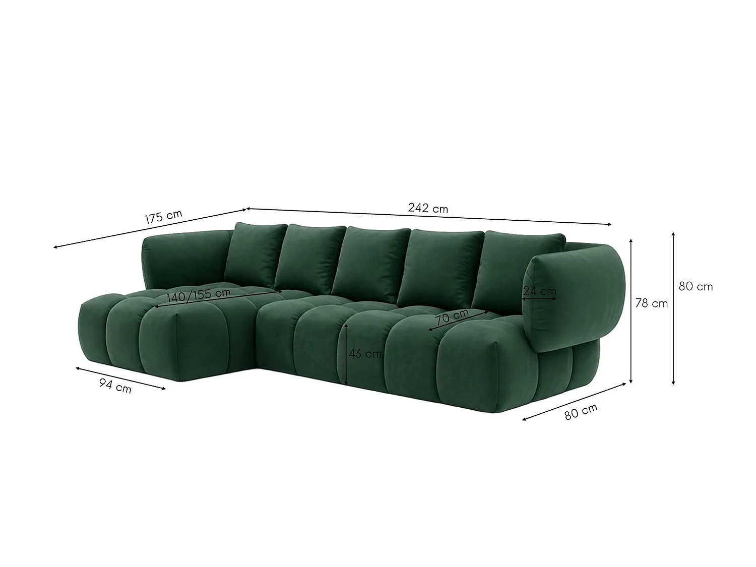 Divano angolare a L, tessuto velluto Bluvel, verde, sinistra, SEVIO L