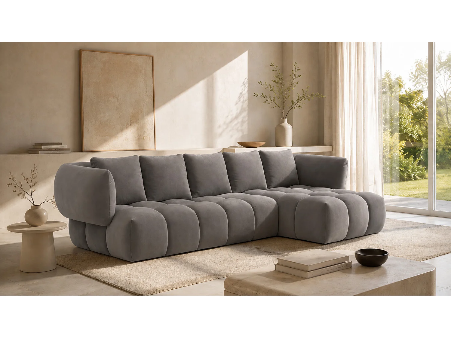 Divano angolare a L, tessuto velluto Bluvel, grigio cenere, destra, SEVIO L