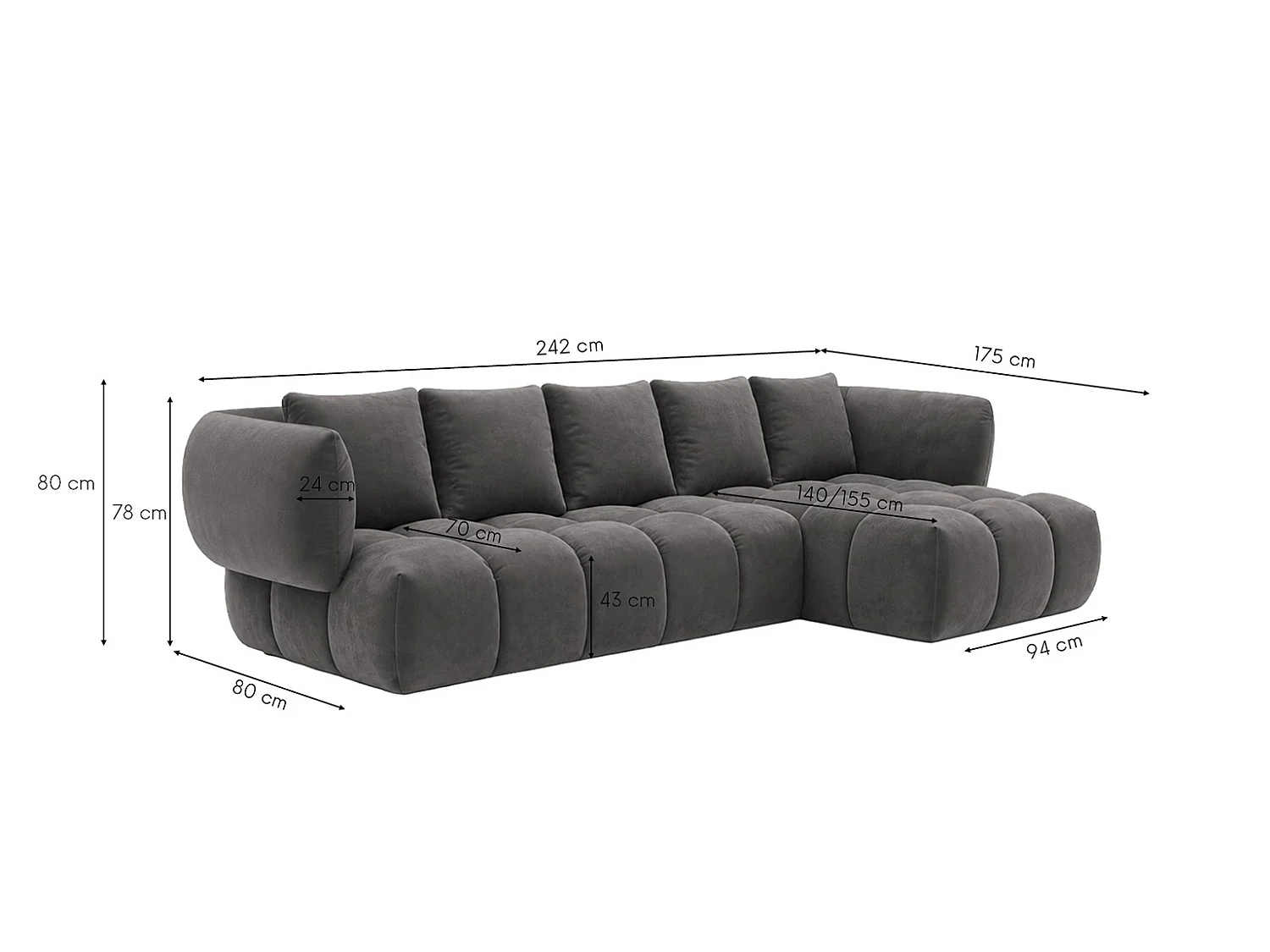 Divano angolare a L, tessuto velluto Bluvel, grigio cenere, destra, SEVIO L