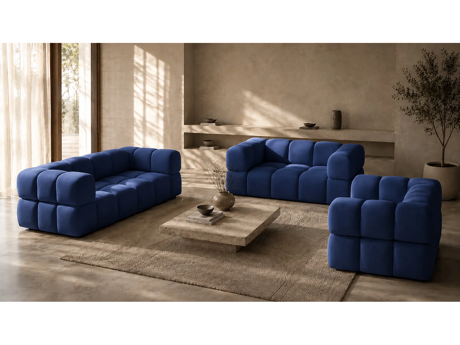 Sofagarnitur, Set 3+2+1, Veloursstoff Bluvel, Tintenblau, AVERRO 3+2+1