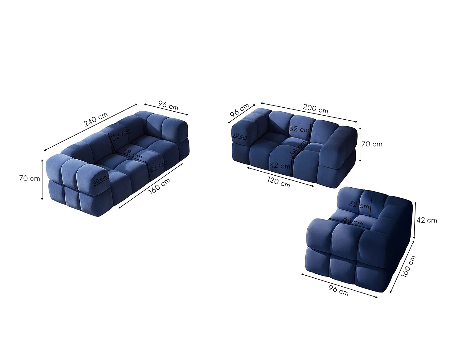 Sofagarnitur, Set 3+2+1, Veloursstoff Bluvel, Tintenblau, AVERRO 3+2+1