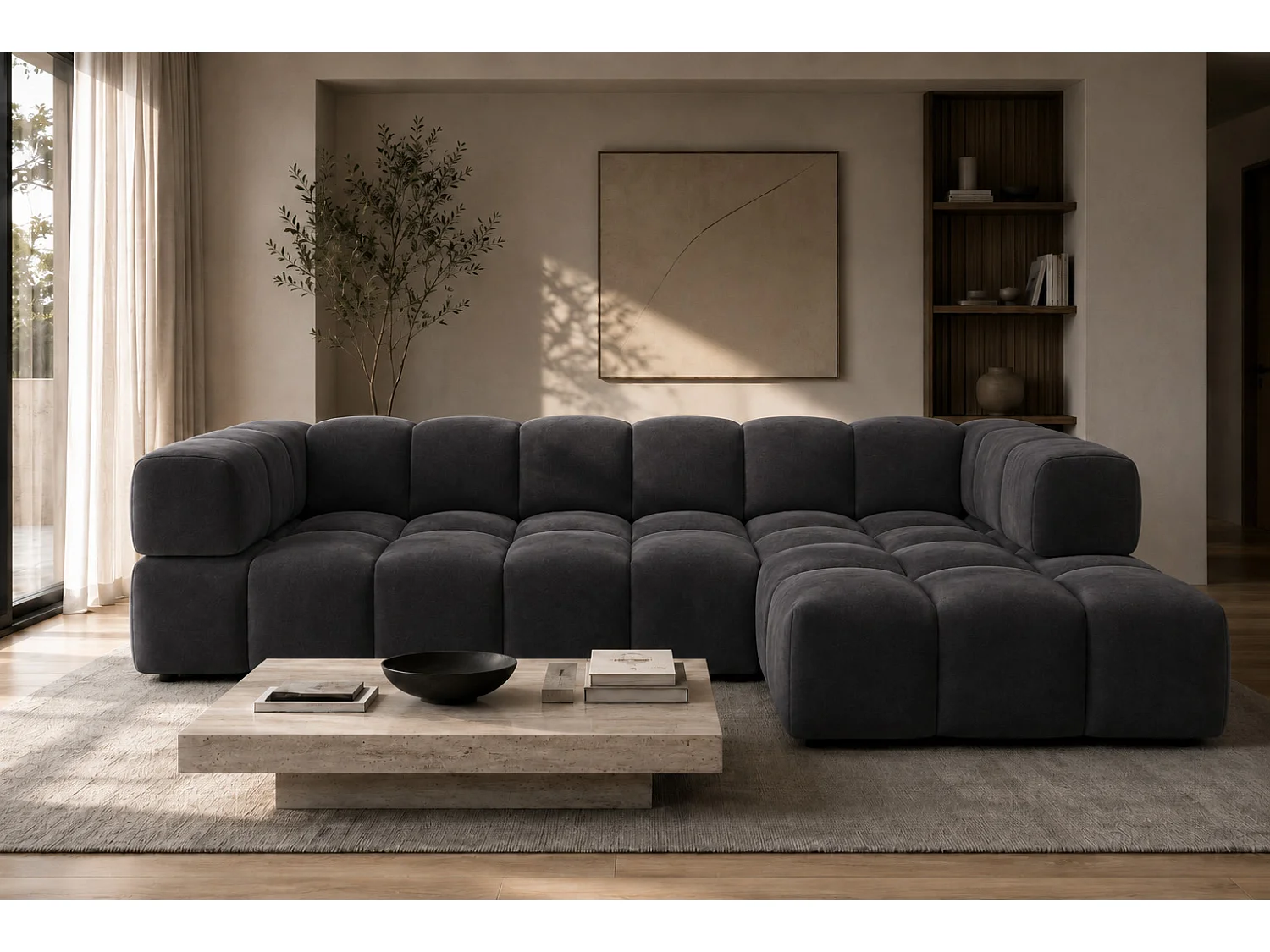 Divano angolare a L, tessuto velluto Bluvel, nero, destra, Averro XL