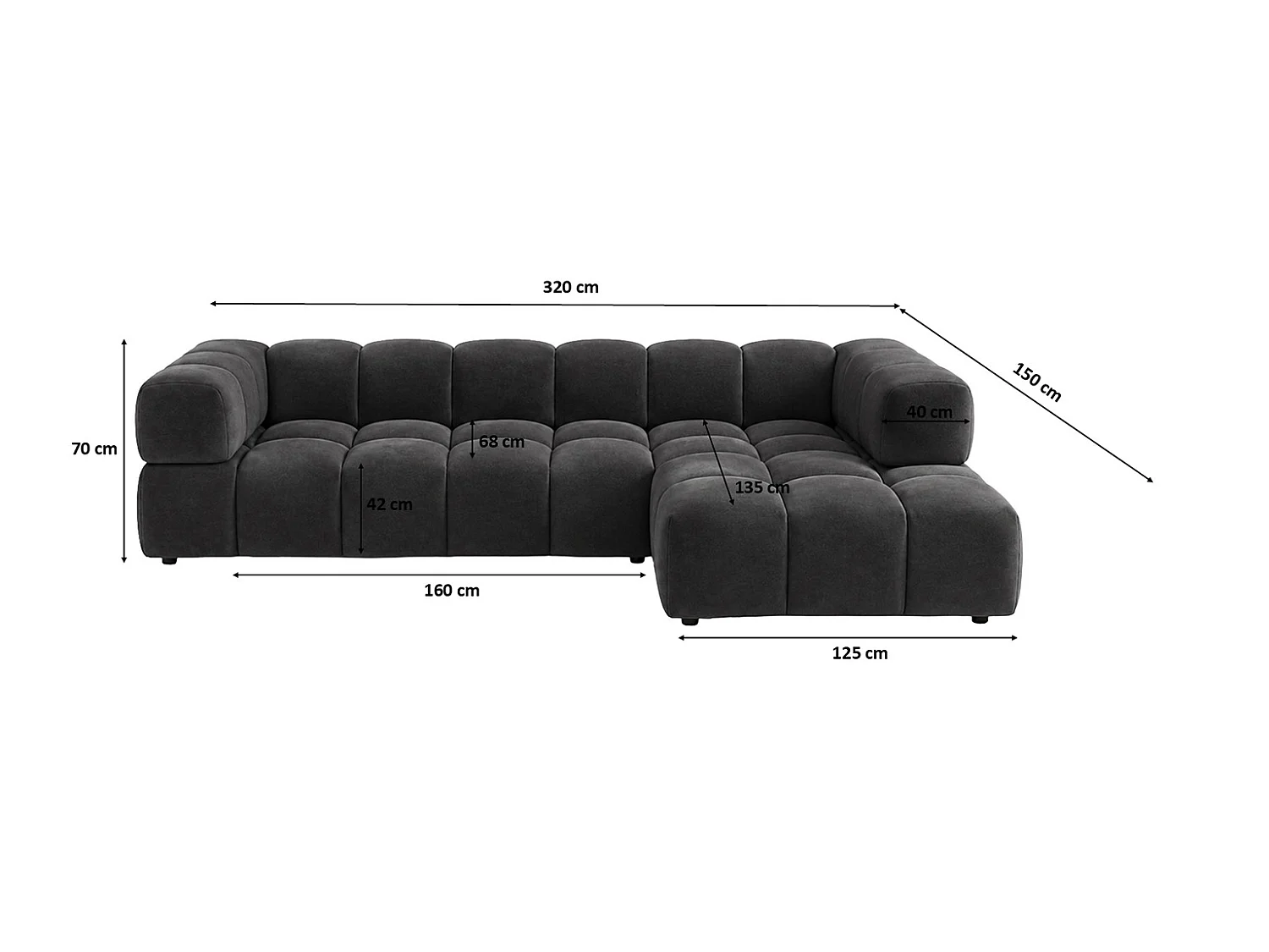 Divano angolare a L, tessuto velluto Bluvel, nero, destra, Averro XL