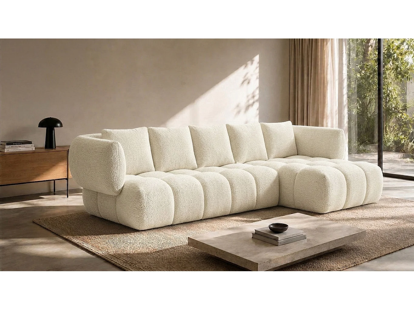 Canapé d’angle en L, tissu chenille Puente, écru, droite, SEVIO L
