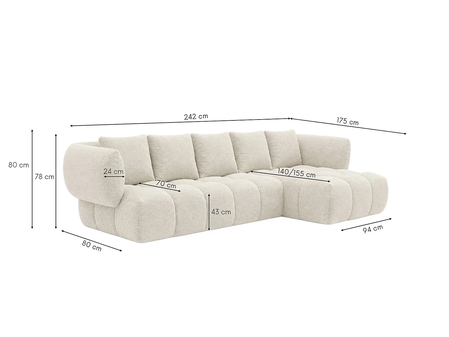 Canapé d’angle en L, tissu chenille Puente, écru, droite, SEVIO L