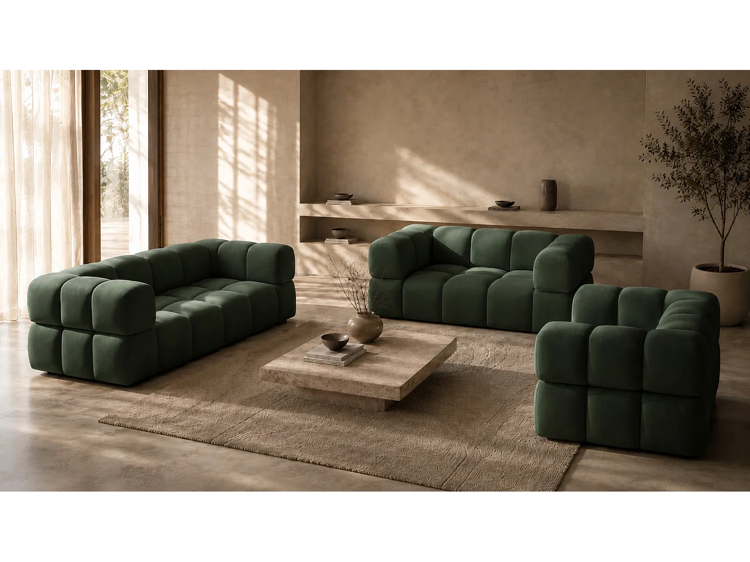 Sofagarnitur, Set 3+2+1, Veloursstoff Bluvel, Grün, AVERRO 3+2+1