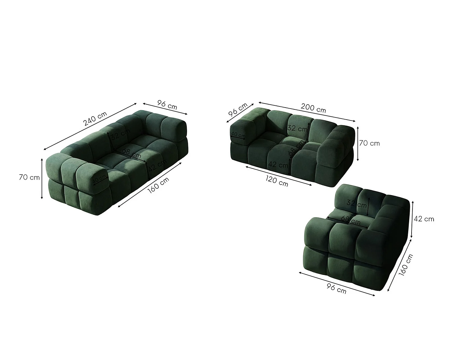 Sofagarnitur, Set 3+2+1, Veloursstoff Bluvel, Grün, AVERRO 3+2+1