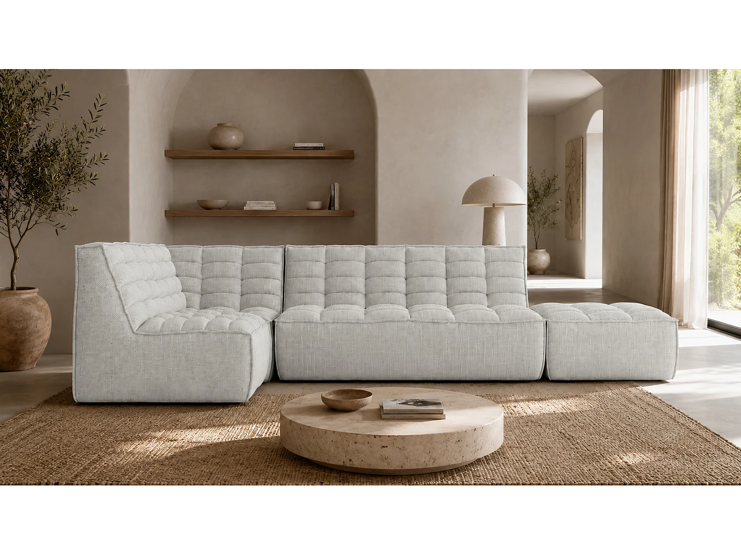 Divano angolare modulare a L con pouf, tessuto peluche Pop, bianco ghiaccio, sinistra, LAZY L con pouf