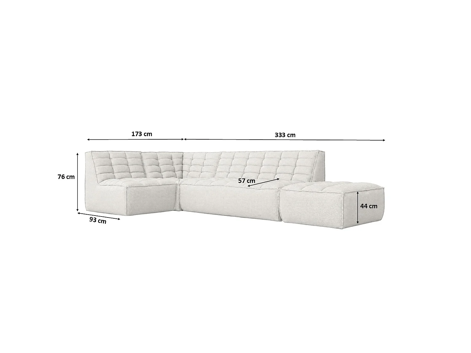 Divano angolare modulare a L con pouf, tessuto peluche Pop, bianco ghiaccio, sinistra, LAZY L con pouf
