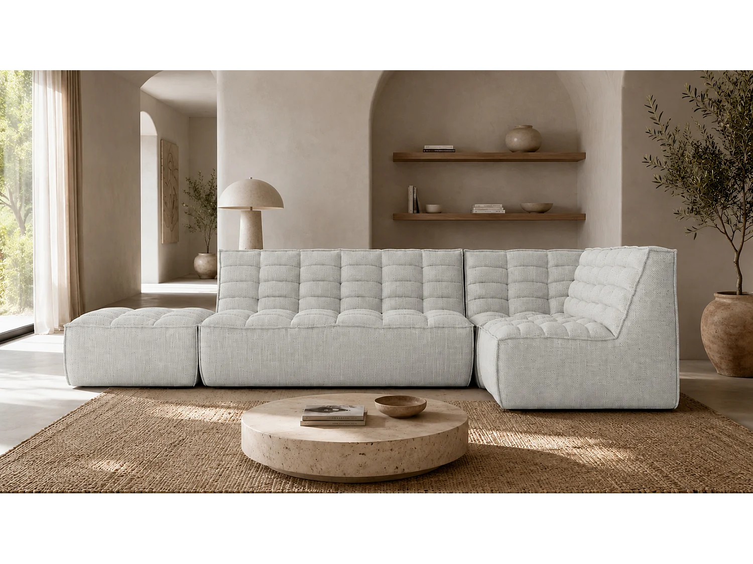 Canapé d’angle modulable en L avec pouf, tissu peluche Pop, blanc glacé, droite, LAZY L avec pouf
